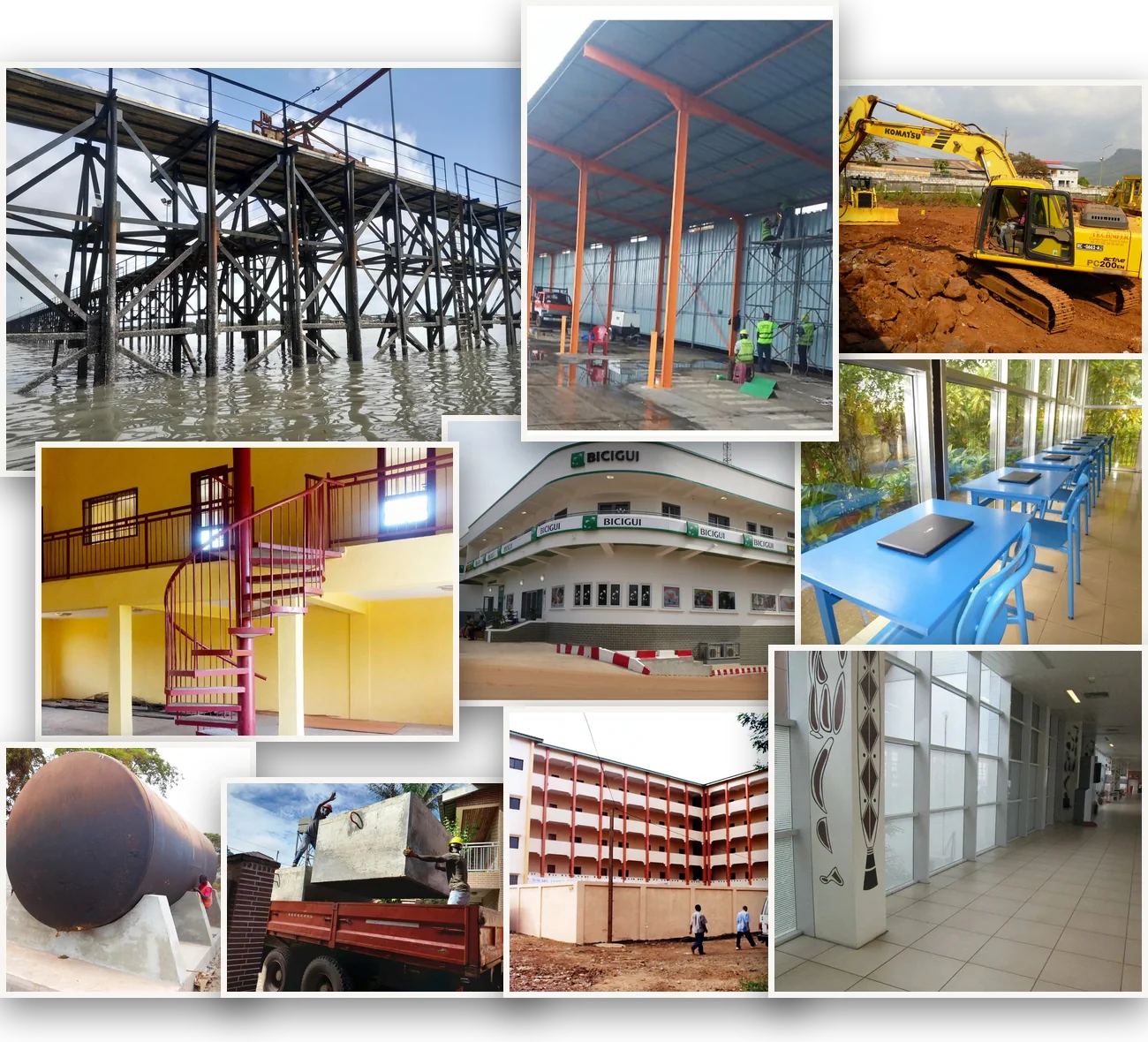 Sélection de chantiers Technifer : ponton de Kamsar, terrassement, agence BICIGUI, cuve de Kolaboui, blocs d’ancrage, mobilier scolaire, hangar métallique, escalier hélicoïdal, école franco-guinéenne de Kipé et films pour vitrage à l’aéroport de Conakry